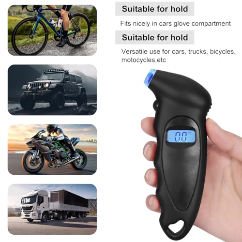 KVAEY Digital Tire Pressure Gauge, 150 PSI 4 Settings Accurate Tire Gauge with Non-Slip Grip, Backlight LCD Tire Pressure Gauge Reader Checker Tool for Car Truck Bicycle Motorcycle (Black) - color: Black