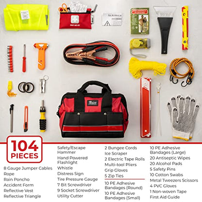 Thrive Car Emergency Kit & Roadside Emergency Car Kit - 104-Piece Set, Red Canvas Bag, Universal Fit - Jumper Cables, Escape Hammer & Tire Gauge - Road Trip Essentials & Emergency Supplies - color: Red Canvas Bag