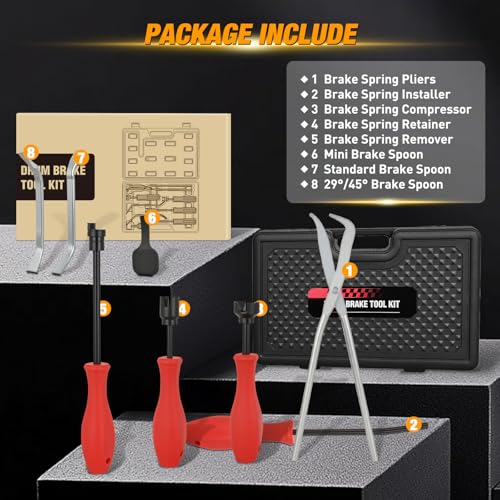 GOOACC 8PCS Drum Brake Tool Kit Brake Tool Set with Drum Brake Spring Tool Installer, Remover, Compressor, Retainer, Pliers and Adjustment Spoons Set Brake Tools for Automotive Installer Remover Black - color: 8pc Brake Tool Black