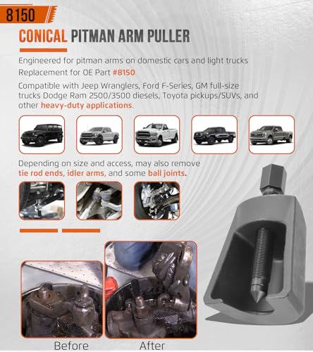 Heavy Duty 8150 Conical Pitman Arm Puller, Pitman Arm Removal Tool Designed to Fit Pitman Arms on Domestic Cars and Light Trucks, Featuring 1.78" Maximum Jaw Spread and 2.83" Reach. Black