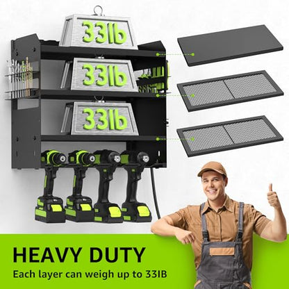 HUPBIPY Modular Power Tool Organizer Wall Mount Drill Holder Garage Shelf | 4 Layer Heavy Duty Rack with Charging Station Drill Holders and Magnetic Tool Holder Strip Tool Battery Holder Gift for Men - color: Black 1 pack