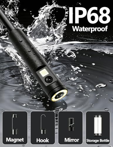 Dual-Lens Endoscope Camera with Light, 1920P HD Borescope with 8 Adjustable LEDs, 16.4FT Semi-Rigid Snake Cord, IP68 Waterproof Inspection Tool for iOS, Android, Automotive, Plumbing, HVAC (7.9mm)