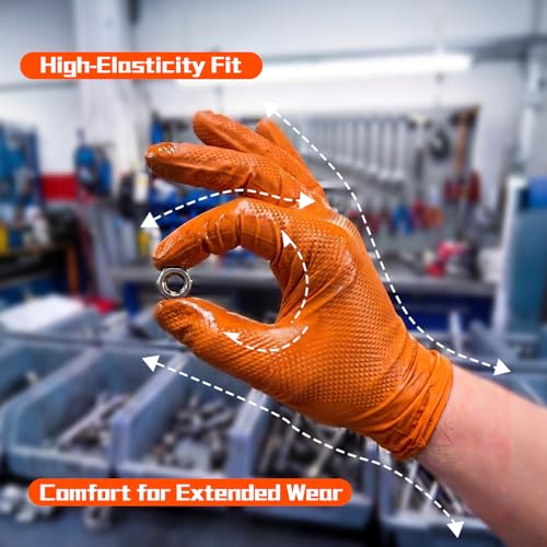 ANBOSON 10mil Nitrile-Gloves Disposable-Orange Chemical-Resistant Rubber - Mechanic Gloves Heavy Duty, Latex Free, Diamond Grip (100, Medium) | Diamond Grip,Latex Free,Chemical Resistant Disposable Thick Rubber Gloves for Auto Repair, Industrial, Food, Wo