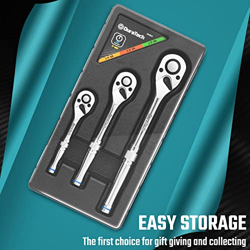 DURATECH 3-Piece Ratchet Set, 72-Tooth, 1/4" 3/8" 1/2" Drive | Quick-Release, Reversible, Chrome Alloy, Organized in Plastic Tray - style: Quick-Release