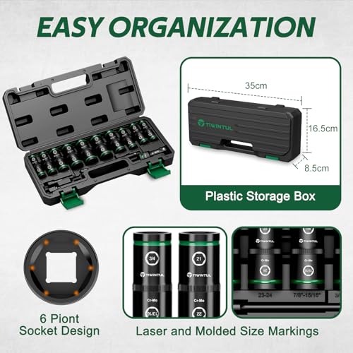 Lug Nut Impact Socket Set, 14Pcs 1/2" & 1/4" Metric & SAE Socket Set, CR-MO Steel, 20-IN-10 Deep Flip Socket Set, Thin Wall Wheel Protector Nut Socket with Extension Bar & Adapter - size: Flip 14PCS(SAE+Metric)