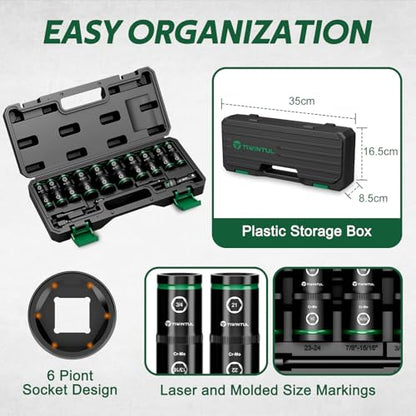 Lug Nut Impact Socket Set, 14Pcs 1/2" & 1/4" Metric & SAE Socket Set, CR-MO Steel, 20-IN-10 Deep Flip Socket Set, Thin Wall Wheel Protector Nut Socket with Extension Bar & Adapter - size: Flip 14PCS(SAE+Metric)