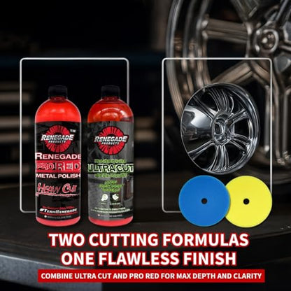 Renegade Liquid Cut & Polish Combo – Ultra Cut & Pro Red Metal Polishes with Blue and Yellow Foam Pads – 2-Step Aluminum & Stainless Steel Restoration Kit