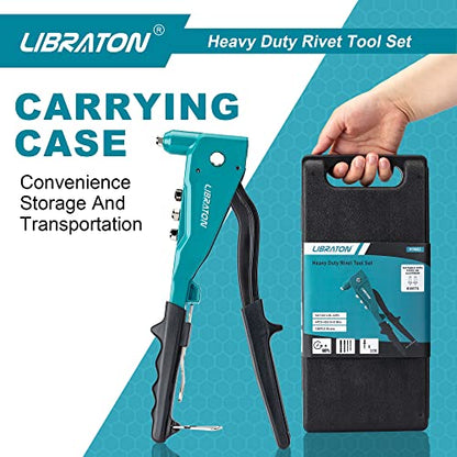 Libraton Heavy Duty Rivet Gun, Pop Rivet Gun Set, Professional Hand Riveter, Manual Riveting Tool with 110Pcs Rivets and 4 Interchangeable Heads, for Metal, Wood and Plastic - size: Heavy-duty Rivet Gun