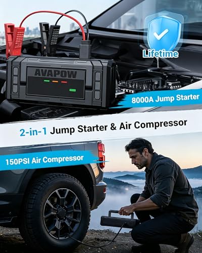 AVAPOW Jump Starter with Air Compressor, 8000A 150PSI Car Battery Jump Starter Portable with 4" HD Display 12V Jump Box & Battery Booster (8L Gas/8L Diesel) with Auto-Shutoff Tire Inflator - color: 8000A