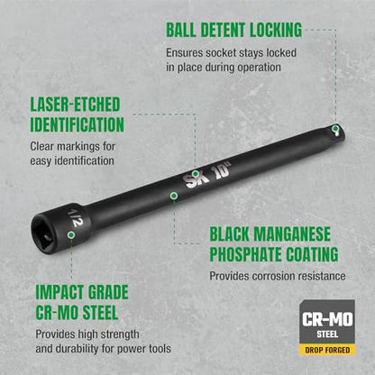 SK 1/2" Drive Impact Socket Extension Set, 3", 6", 10", 15", Cr-Mo Steel | 4-Piece Extension Bar Set, Black Manganese Phosphate Coating, with EVA Foam Storage Tray - size: 1/2-Inch Drive