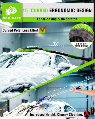 METOWARE 15° Curved Car Wash Mop, 47" Long 3-Section Sturdy Iron Pole | Scratch-Free Chenille Microfiber Soft Duster Mitt, Car Cleaning Supplies Kit for SUV, Truck, Boat, Window