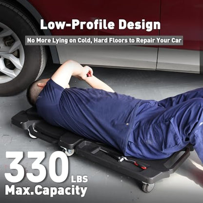 41" Foldable Mechanic Creeper with 6 Swivel Wheels, Low Profile Design with Padded Headrest & Tool Trays, 330 lbs Capacity, Creepers Automotive for Garage Repair