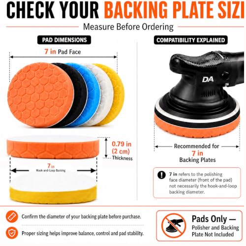 7 Inch Polishing Pads, 5PCS Foam Buffing Pads for DA Polisher | 5PCS Foam Polishing Pads for DA Polisher, Car Paint Correction, Scratch & Swirl Removal, Hook and Loop Backing