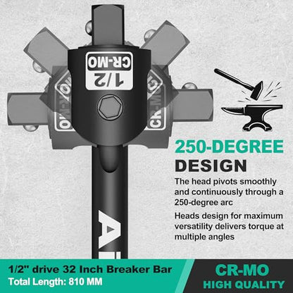 1/2" Drive 32 Inch Breaker Bar, Heavy Duty Head, Premium Chromium-Molybdenum Steel, Laser Etched Marking, for Grip and Break Loose Tight Bolts, Nuts - size: 1/2" 32-inch