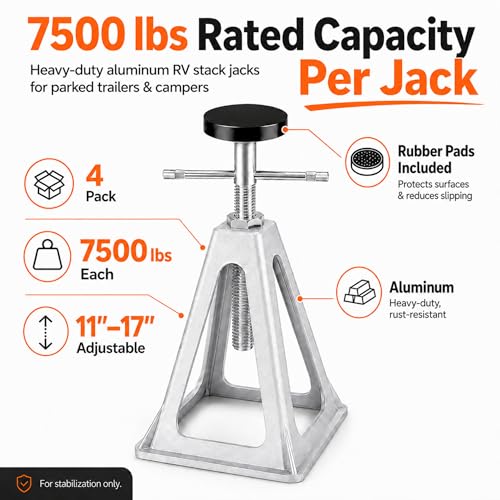 RV Stabilizer Jacks Set of 4, 7500 lbs Each Aluminum RV Stack Jacks, Adjustable 11"–17" Camper Stabilizer Jack Stands with Rubber Pads for Travel Trailers, Campers, Pop-Up Campers & Campsite Use