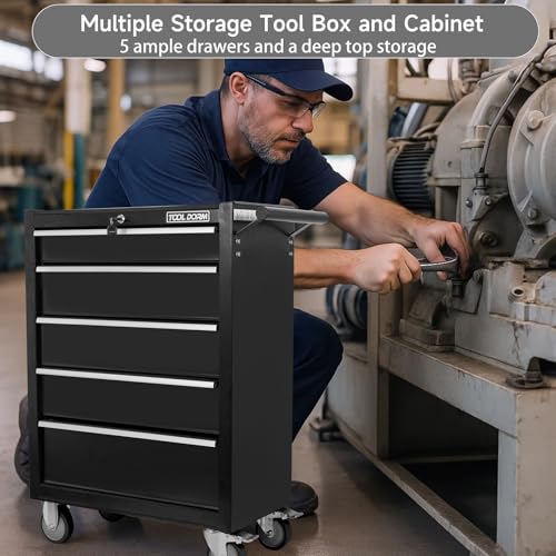 5-Drawer Rolling Tool Chest with Locking Wheels & Drawers, 13" D x 24.2" W x 34.6" H Mobile Tool Storage Cabinet, Heavy-Duty Garage Organizer w/Ergonomic Handle - color: White and Black