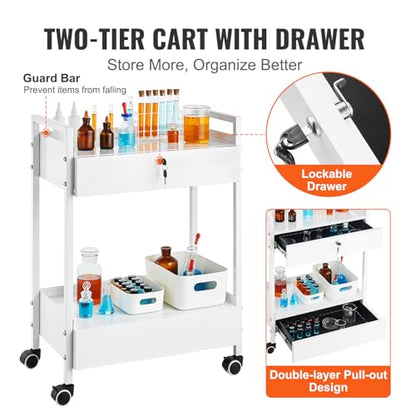 VEVOR Rolling Medical Cart with Lockable Drawer, White Paint Stainless Steel Utility Cart, 2 Tiers Mobile Esthetician Trolley Cart with Swivel Casters for Lab, Hospital, Dental, Salon and Beauty - size: 2-tier with 2 drawer
