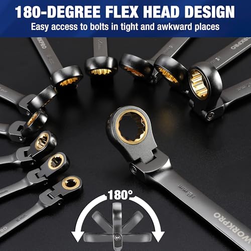 WORKPRO 22-Piece Flex-Head Ratcheting Wrench Set, Ratchet Combination Wrench Sets with Organizer Box, Nickel Plating, 72 Teeth, Metric 6-18mm & SAE 1/4-3/4" - style: Flex-head & Nickel Plating