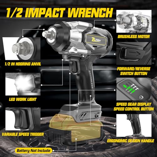 Cordless Impact Wrench 1/2 inch Compatible with Dewalt 20V Battery, 1000FT-LBS 1360N.m Brushless Impact Gun 2300RPM High Torque Impact Driver w/LED Work Light & Blet Clip (Battery NOT included) - size: 1/2" Compatible with Dewalt 1360N