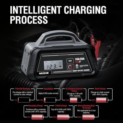 NOONE 10A/20A Smart Battery Charger - 12V/24V Fully Automatic Maintainer | with 50A Engine Start, Winter Mode, and Auto Repair - Car Trickle Charger for AGM, Gel, Deep Cycle & LiFePO4 Batteries