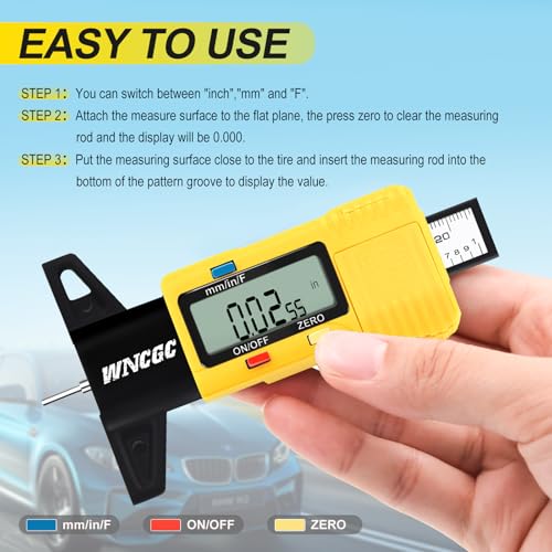 Tire Tread Depth Gauge, 3 Modes Digital Tire Depth Gauge-Fractional Inch, Decimal Inch and Millimeter for Motorcycles, Cars, Trucks, Vans, SUV - Yellow