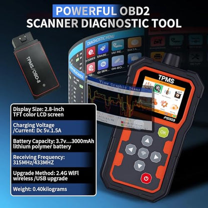 PS003 TPMS Programming Tool OBD2 Scanner, Tire Pressure Sensor Relearn Diagnostic Tool, Check Engine Light Code Reader for Cars Mechanics