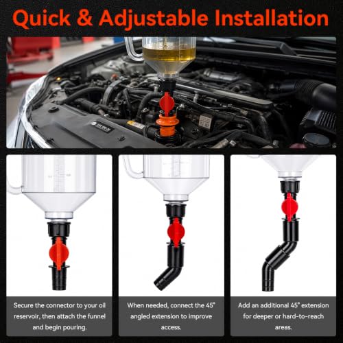 Engine Oil Funnel Kit, 18Pcs No Spill Automative Oil Change Kit with 12 Adapters, Elbow Fittings, Arrow Screen & Magnetic Trays, Coolant Funnel Set Compatible with GM, Ford, BMW, Audi