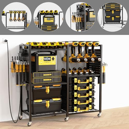 6-Tier Large Power Tool Organizer Cart with Charging Station, Heavy-Duty Garage Rolling Tool Cart with 6 Wheels, 8 Hooks & Adjustable Shelves, Holds 700LBS+ - color: Black