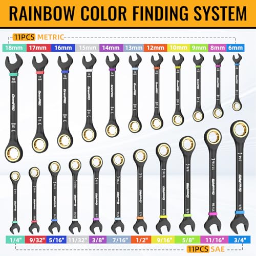 GRENPRO Ratchet Wrenches Set, 23-Piece Ratcheting Wrench Organizer With Color Ring For Mechanics Tool Box Set, Metric And Standard & SAE, 6-18MM & 1/4"-3/4" Long Large Open End Combination Wrench Sets - style: Ratcheting Wrench Set with Color Ring (Metric
