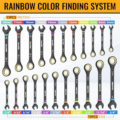 GRENPRO Ratchet Wrenches Set, 23-Piece Ratcheting Wrench Organizer With Color Ring For Mechanics Tool Box Set, Metric And Standard & SAE, 6-18MM & 1/4"-3/4" Long Large Open End Combination Wrench Sets - style: Ratcheting Wrench Set with Color Ring (Metric