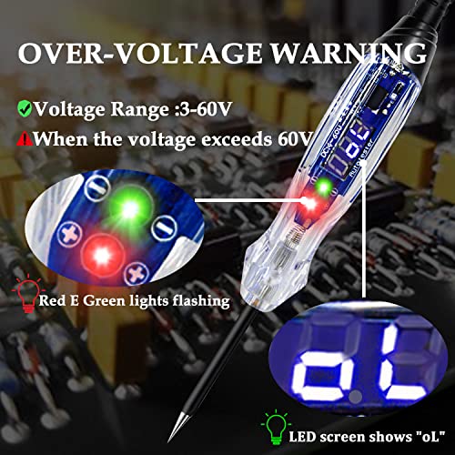 Buzzer Test Light Automotive, 4-60V DC LED Digital Circuit Tester, Heavy Duty Light Tester with Voltmeter, Auto Voltage Tester Electric Probe Test Pen for Fuse, Battery, Polarity