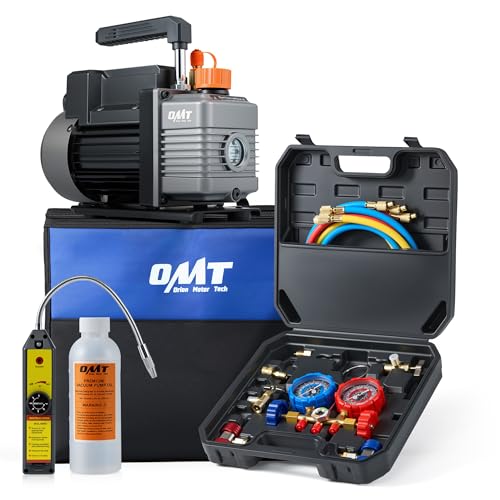 Orion Motor Tech AC Vacuum Pump and Gauge Set, 1/3 hp 4 cfm Vacuum Pump Manifold Gauge Kit with Leak Detector 3 Hoses & Accessories for R134a R12 R22 R502, A/C Vacuum Pump Kit for Auto HVAC Systems - size: 4.0 CFM & 3 Way