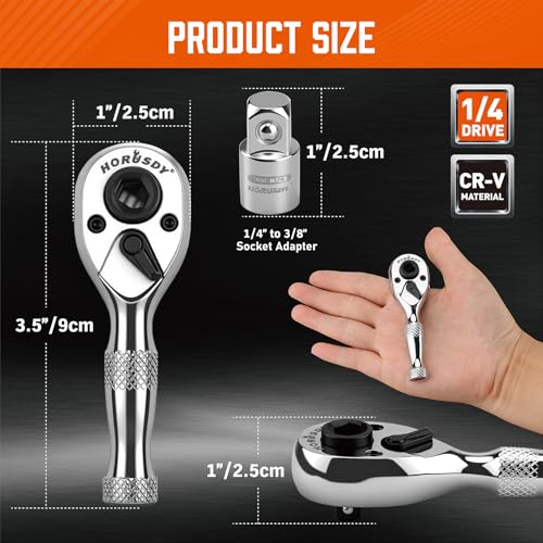 HORUSDY 1/4-Inch Stubby Ratchet Wrench Set, Chrome Alloy 90-Tooth Reversible 1/4" Drive Handle with Magnetic Bit Driver & 1/4" to 3/8" Adapter, Compact Socket Wrench for Tight Spaces, Auto, DIY - style: 1/4" Drive 90T stubby