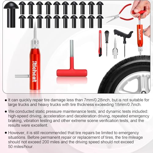 Richcat Tubeless Tire Puncture Repair Kit with Mushroom Plug, Repairs punctures and Flat Tires for Motorcycles, Cars, Trucks, ATVs and Tractors - size: 20Plugs Kit