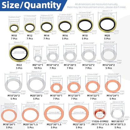 Glarks 143pcs 10 Sizes Automotive Oil Drain Plug Gasket Kit M8 M10 M12 M14 M16 M18 M20 M22 Aluminum Copper Steel Oil Crush Washer Seal Oil Drain Plug Crush Washer