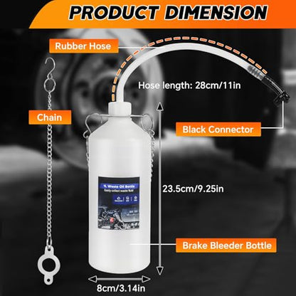 1L Brake Bleeder Bottle 2 Pack One Person Brake Fluid Bleeding Kit | with Tube & Rubber Connector for Collect Brake Fluid, Brake Fluid Catch Bottle for Car Motorcycle ATV