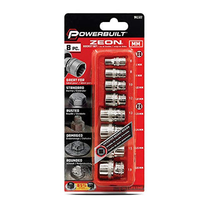 Powerbuilt 941322 8 Piece Metric Zeon Socket Set - with use for Standard, Rusted, Rounded Bolts and Nuts, Size from 6mm to 19mm , Silver - size: Metric