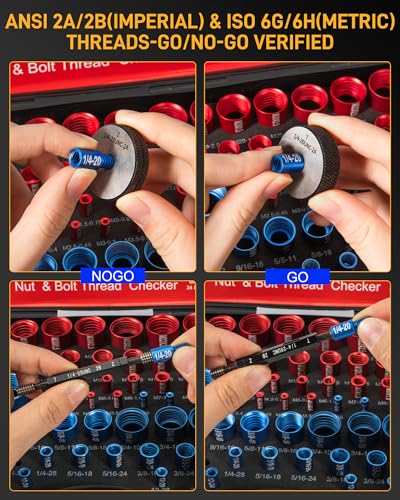 66-Piece Nut and Bolt Thread Checker Kit | 34 SAE (Blue) + 32 Metric (Red) Thread Gauges - Precision Bolt Size Finder for Tight Spaces, DIY & Professional Repairs