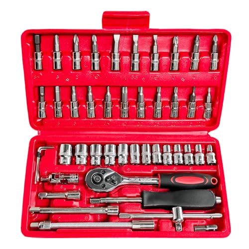 46PCS 1/4 Inch Car Repair Tool Set, Metric Socket Ratchet Wrench Set with Extension Bars & Bits, Quick-Release Ratchet Combination Tools Kit for Auto Repairing & Household