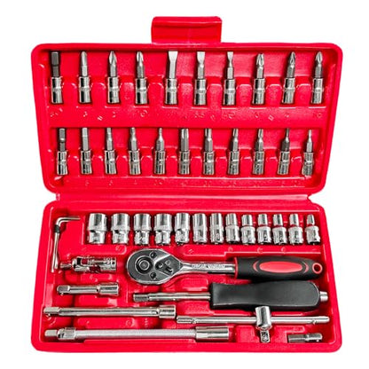 46PCS 1/4 Inch Car Repair Tool Set, Metric Socket Ratchet Wrench Set with Extension Bars & Bits, Quick-Release Ratchet Combination Tools Kit for Auto Repairing & Household