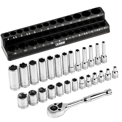 ARES 47003 28-Piece 1/4-inch Drive Metric Socket and 90-Tooth Ratchet Set | Sizes 4mm to 14mm Deep and Shallow Sockets