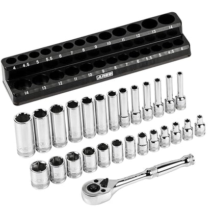 ARES 47003 28-Piece 1/4-inch Drive Metric Socket and 90-Tooth Ratchet Set | Sizes 4mm to 14mm Deep and Shallow Sockets