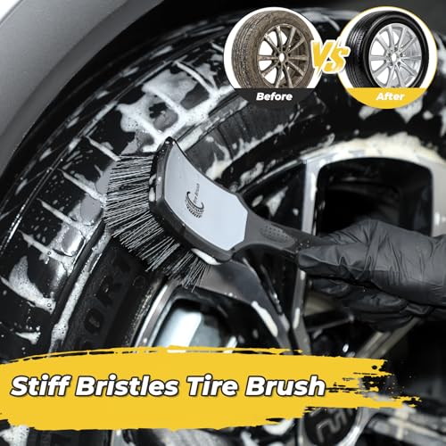 Wheel and Tire Brush Detailing Kit, Gray | Soft Rim Brush & Stiff Tire Brush, Silicone Bumper Guard, Non-Slip Ergonomic Handle, For Alloy Wheels, Fenders, Mats - color: BLACK gray
