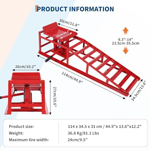 Heavy Duty Hydraulic Car & Truck Service Ramps, 2 Pack, 5 Ton (11000 lbs) Capacity - Adjustable Low Profile Lift 9.8"–16.21" - Ideal for Oil Changes and Garage Use - Red - color: Red