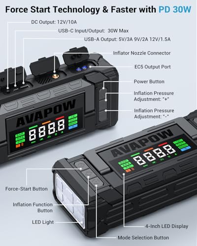 AVAPOW 10000A Jump Starter with Air Compressor, 12V Portable Jump Box | Starts All Gas & All Diesel, Built-in 150PSI Air Compressor, 30W PD Fast Charging, 4" HD Display, EVA Case - color: 10000A
