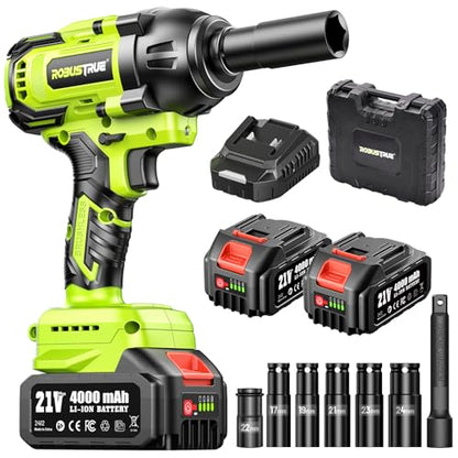 Robustrue Cordless Impact Wrench, 885Ft-lbs (1200N.m) 1/2" Brushless Impact Gun, 21V High Torque Power Impact Driver, 2x4.0Ah Batteries Electric Impact Motor Variable Speeds for Car/Truck RV/Mower - size: 1200N.m