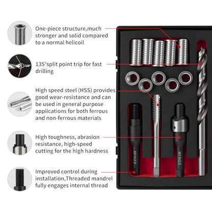 M11X2.0 Metric Thread Repair Kit with Insert HSS Drill, Tap, Installation Driver, Counterbore, Two Sizes Stainless Steel Insert 5PCS 16.2MM and 5PCS 28.2MM