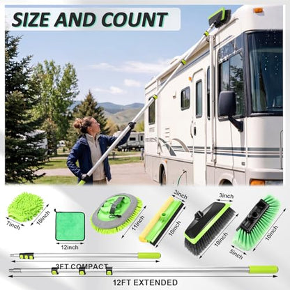 12ft 7PCS Car & RV Wash Brush Kit with Long Extendable Handle RV Car Truck Wash Kit with Hardness Brush Adjustable Chenille Mop Sponge Squeegee Tire Brushes Micro Fiber Towels Chenille Mitt for SUV