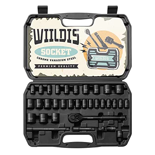 WIILDIS Impact Socket Set, 33-Piece, 3/8" Drive Socket Set with 72 Teeth Reversible Ratchet Wrench, CR-V, 6 Point, SAE/Metric, 5/16 Inch - 7/8 Inch, 6mm - 24mm, Mechanic Tool Kits for Men - size: 33-Piece