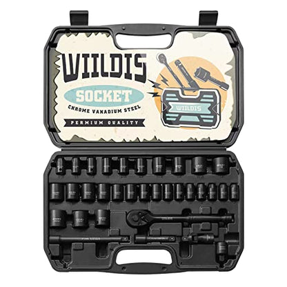WIILDIS Impact Socket Set, 33-Piece, 3/8" Drive Socket Set with 72 Teeth Reversible Ratchet Wrench, CR-V, 6 Point, SAE/Metric, 5/16 Inch - 7/8 Inch, 6mm - 24mm, Mechanic Tool Kits for Men - size: 33-Piece